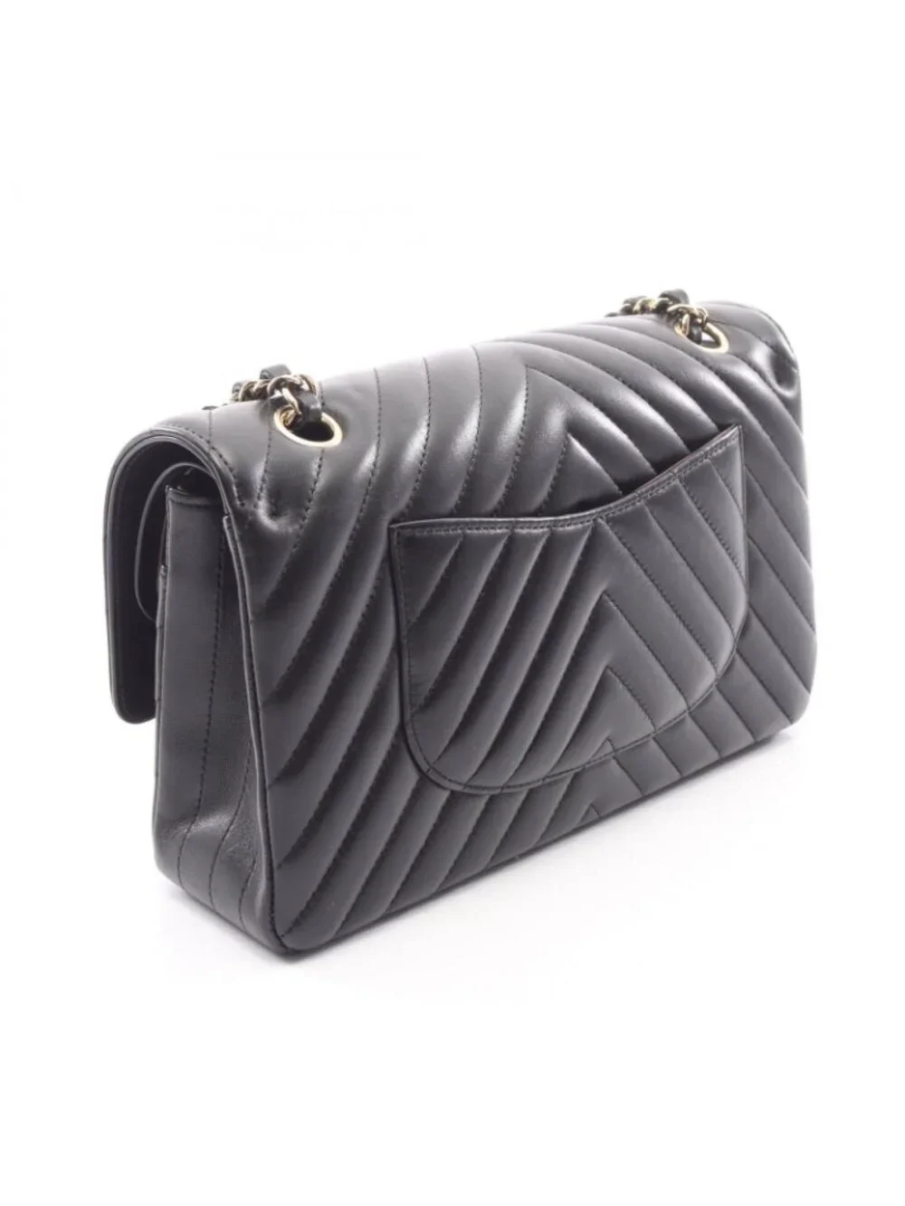 Chanel Shoulder Bag Blanc Stitch Double Flap Black Lambskin Chain